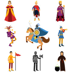 Medieval characters in the historical costumes of medieval Europe set of vector Illustrations