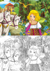 Cartoon happy and funny scene of woman in the forest with her horses near the castle - illustration for children
