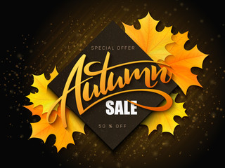 Vector autumn sale banner with hand lettering and yellow autumn maple leaves - 164149268