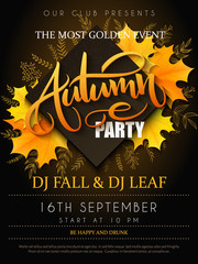Vector autumn party poster with lettering, yellow autumn maple leaves, doodle branches and rhombus