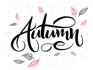 vector autumn hand lettering label with doodle leaves and dots