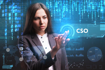 The concept of business, technology, the Internet and the network. A young entrepreneur working on a virtual screen of the future and sees the inscription: CSO