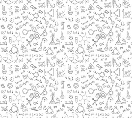 Seamless pattern of chaotically located chemical formulas, records, doodles. Included in swatches window.