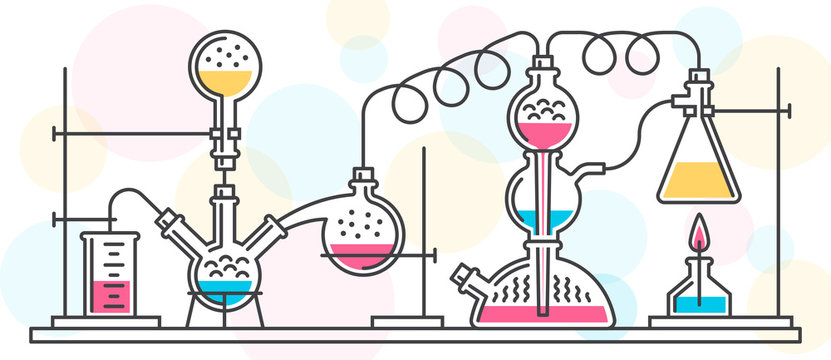 A chemical reaction consisting of flasks and tools in a chemical laboratory, performed in a line style. Vector color illustration. Possible reconfiguration.