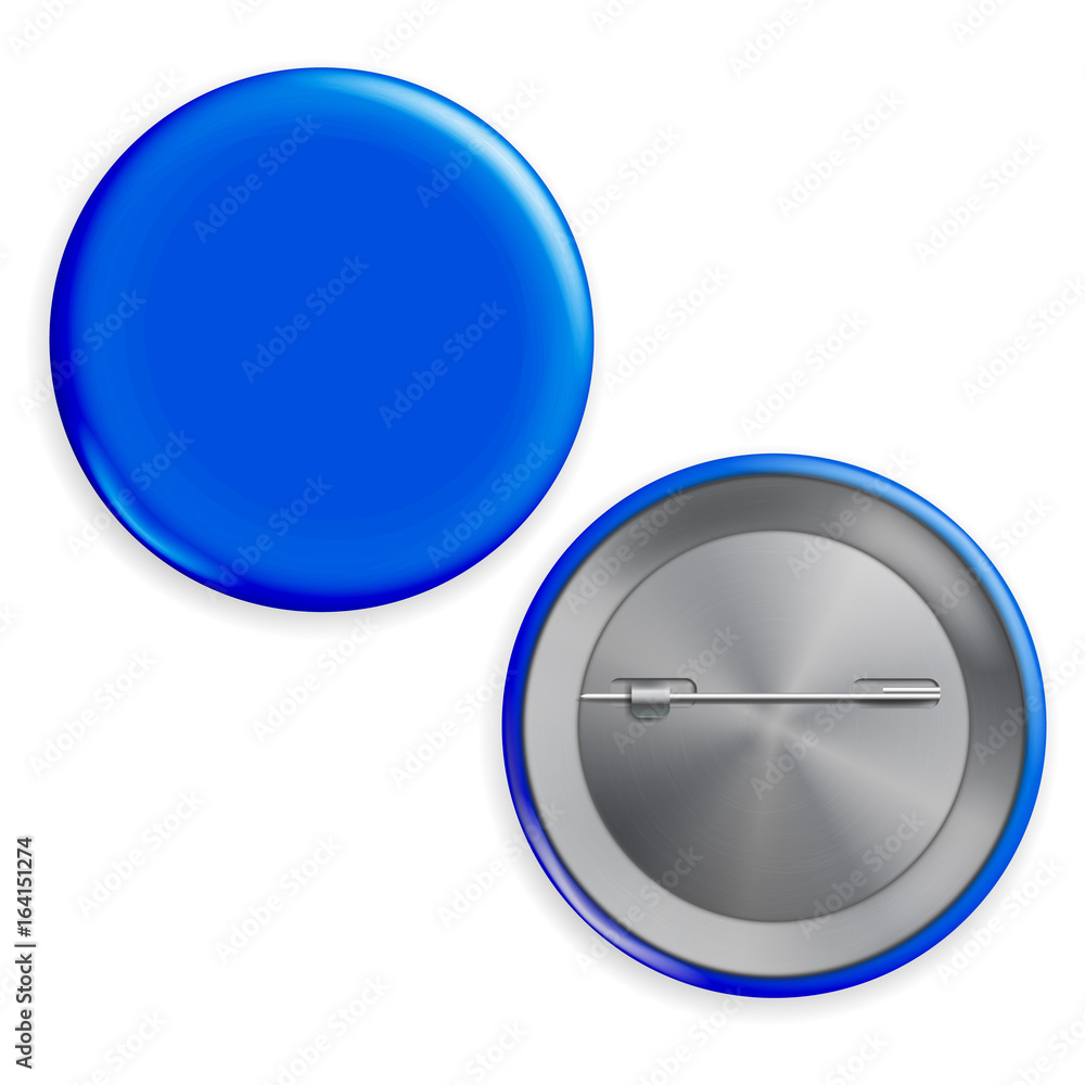 Poster blank blue badge vector. circle button badge set front, back side.