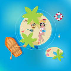 Sunbathing women on island - vector illustration
