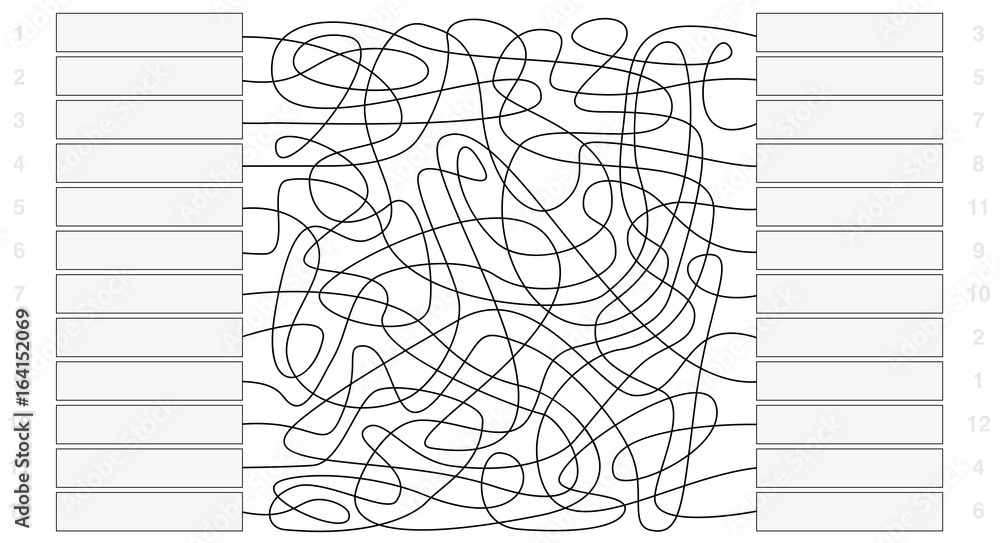 Poster labyrinth with each twelve empty fields to be labeled and connected - the numbers show the solution.