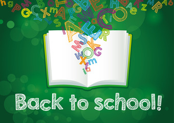 Back to School ABC book banner. Hand Drawn "Back to School!" vector illustration on green chalkboard