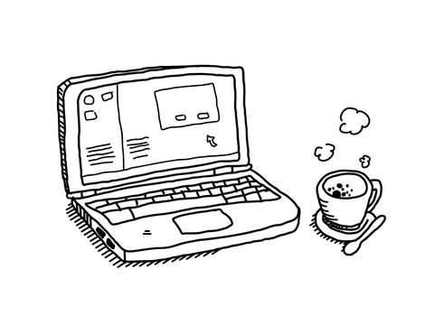 Laptop and coffee, a hand drawn vector doodle illustration of a coffee break concept.