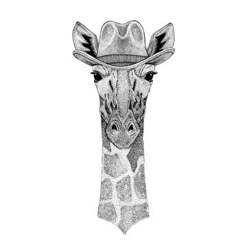 Camelopard, giraffe Wild animal wearing cowboy hat Wild west animal Cowboy animal T-shirt, poster, banner, badge design