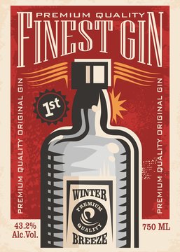 Finest gin retro poster ad with gin bottle on old paper texture
