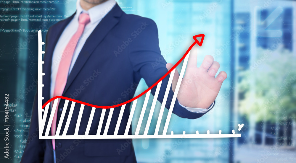 Poster businessman touching technology interface with financial curve and graph