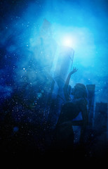 Silhouette of woman on space background.