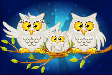 Vector Cartoon funny family of grey owls. Blue background glow
