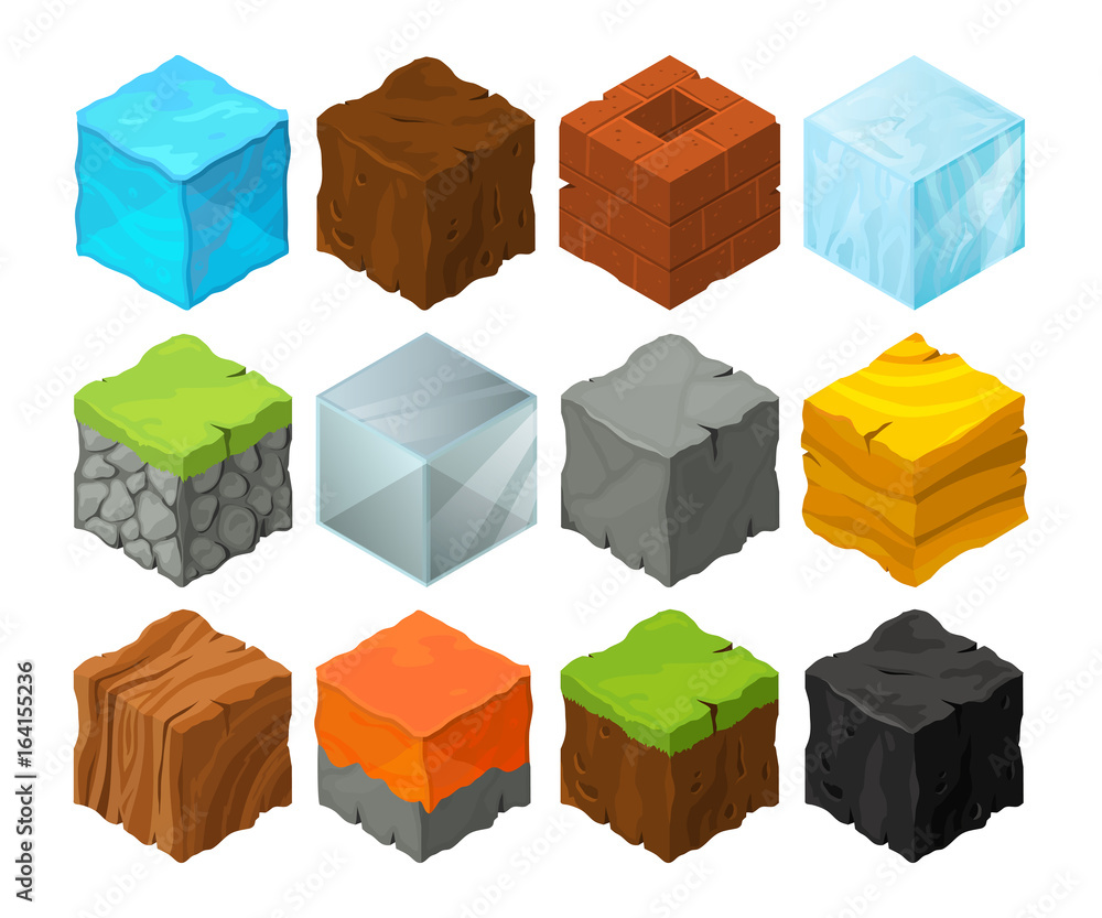 Poster isometric blocks with different texture for 3d game location design. lava, stones, ice and grass. me