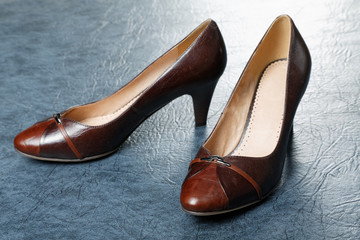 Brown female shoes against from a leather