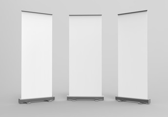 White blank empty high resolution Business Roll Up and  Standee Banner display mock up Template for your Design Presentation. 3d render illustration.