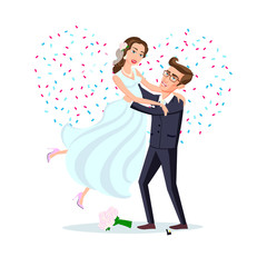 jump marriage of happy couple isolated on heart background confetti. Attractive man and woman being playful. vector
