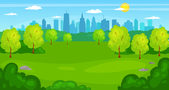 Vector illustration of a beautiful summer city park with town building background. 