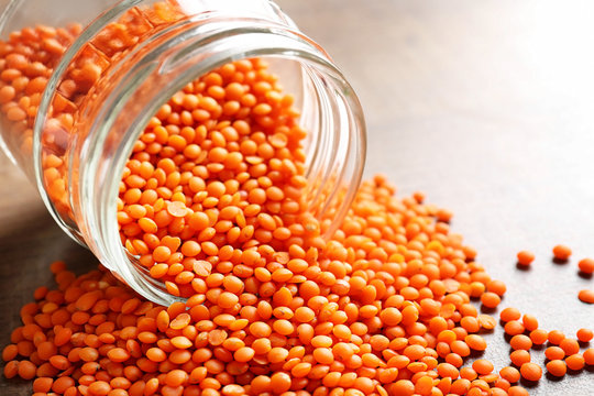 Jar Of Red Lentils On Table