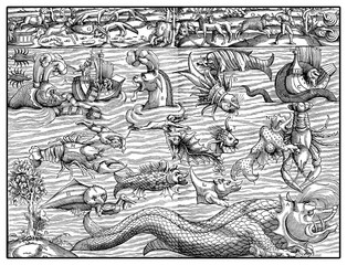 Ocean with marine monster and animals on earth, fantastic medieval engraving, year 1550
