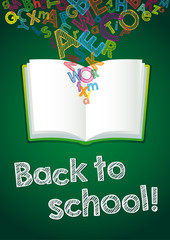 Back to School ABC book card. Hand Drawn chalk "Back to School!" vector illustration on green blackboard