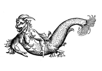Sea devil monster of Adriatic sea, medieval engraving, year 1598