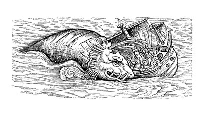Sea monster, sputtering whale attacks sailship, medieval engraving, year 1598