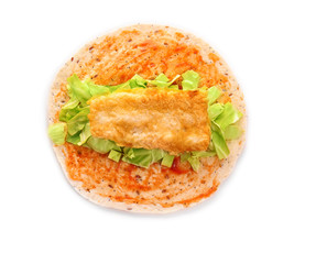 Tasty taco with fried fish fillet on white background