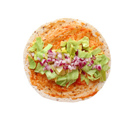 Flour tortilla with vegetables on white background