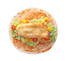 Tasty fish taco on white background