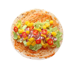 Flour tortillas with vegetables on white background