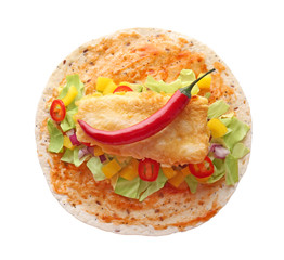 Tasty fish taco on white background