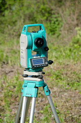 Modern surveyor equipment, theodolite or tacheometer used in surveying and building construction for precise measurement.