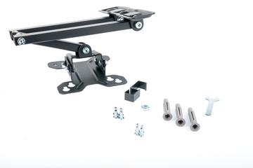 Black bracket, in the form of a butterfly, with several turning steps, for a TV with accessories, on a white isolated background. Horizontal frame