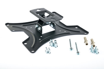 Black bracket, in the form of a butterfly, for a TV with accessories, on a white isolated background. Horizontal frame