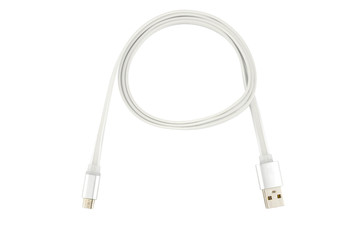 White micro-usb cable twisted into a ring, on a white isolated background. Horizontal frame