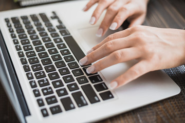 Fototapeta na wymiar Work of a business lady. Female hands working on a modern laptop. On a wooden table. Horizontal frame