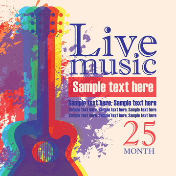 Vector banner with multicolor acoustic guitar on abstract colored background, lettering live music and place for text in retro style