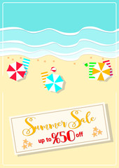 summer sale with umbrellas and starfishes poster a4 size