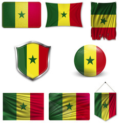 Set of the national flag of Senegal in different designs on a white background. Realistic vector illustration.