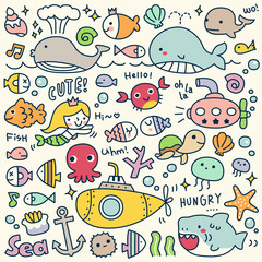 Naklejka premium Set of Cute Under the Sea Doodle