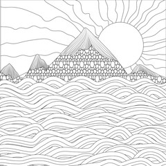 Landscape  with sea, mountains and sun on a white background. Vector illustration. Black and white sample. Page for coloring book. Doodle, Zentangle.