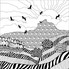 Summer landscape with meadows , mountains, forest, birds and ibices. Vector illustration. Coloring book. Zentangle. Doodle. Black and white sample