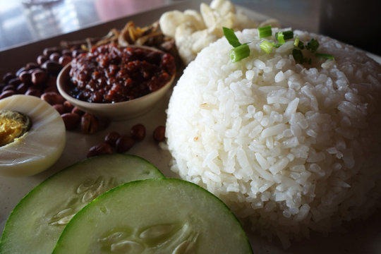 Nasi lemak, a traditional malay curry paste rice dish