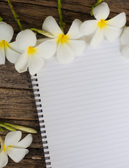 Frangipani flower with notebook on wooden table