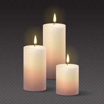 Candles burning, with fire realistic Vector Illustration on transparent dark background