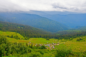 Beautiful country view with mountains in the background. Carpathian mountains in Ukraine.