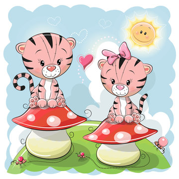 Two Cute Cartoon Tigers and mushrooms