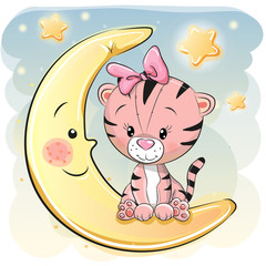 Cute Cartoon Tiger on the moon